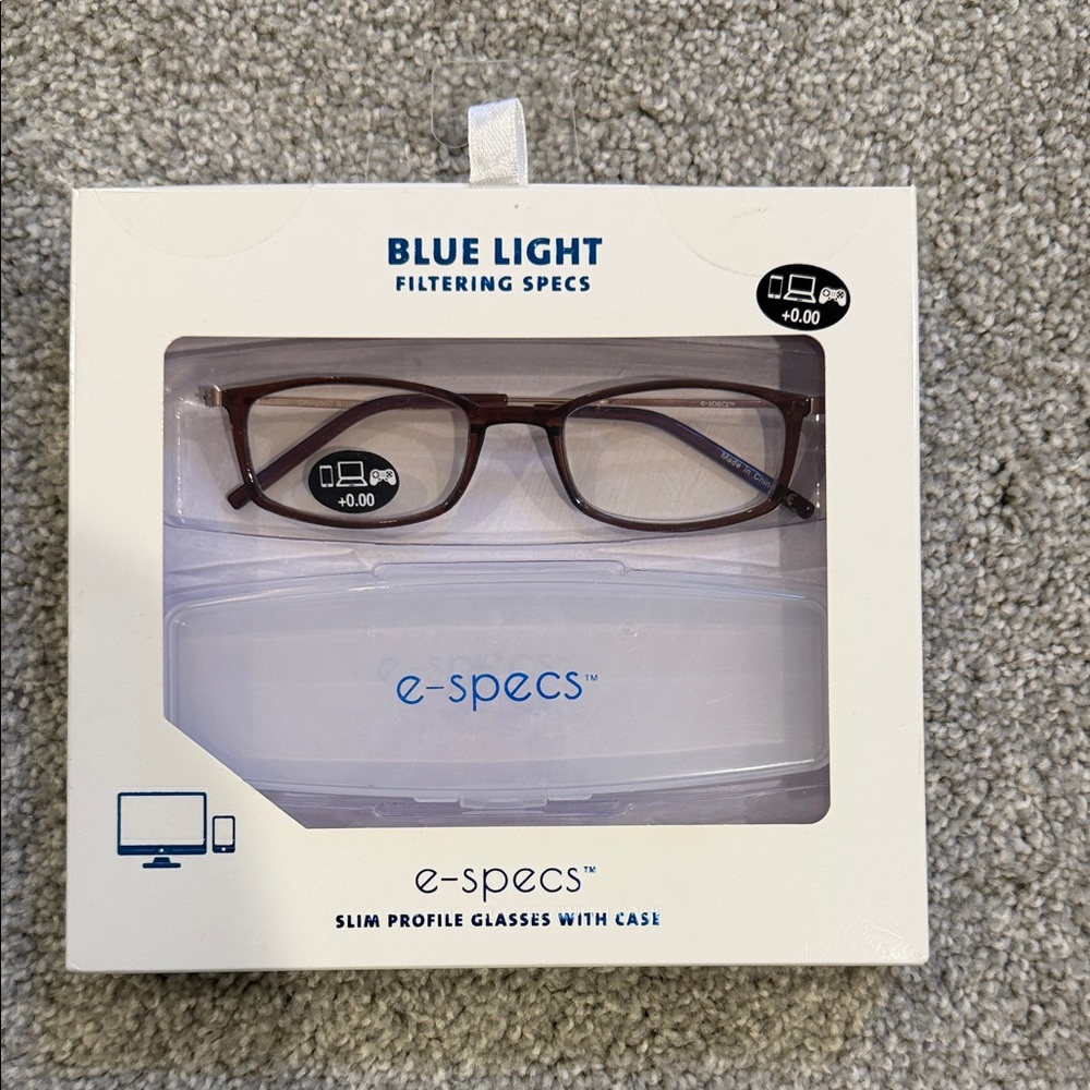 Blue Light Filtering Glasses Brown case specs E-specs reduce fatigue +0.00